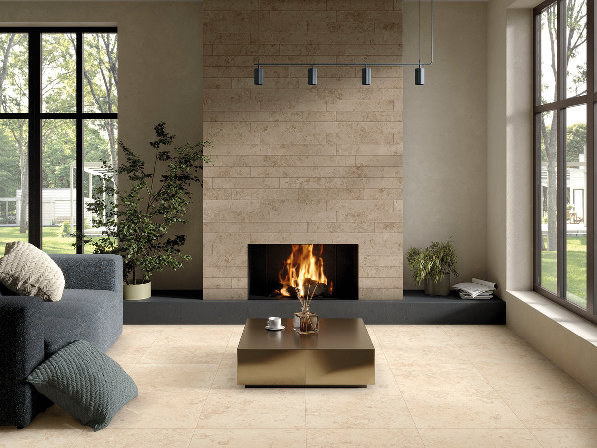 Stenlook Fliser Skalsten Ivory 60x120 på gulv i stue