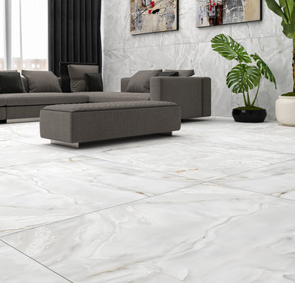 Stue med mørk sofa, billeder, planter og Eternal Hvid marmor fliser på vægge og gulv