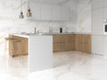 Moderne køkken med Marshall Gold marmor fliser på vægge og gulve