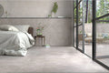 Moderne soveværelse med terasse og Oyster Grey betonfliser på gulve