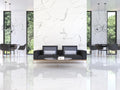 Stue med mørke møbler og Grayish marmor fliser på gulv og vægge